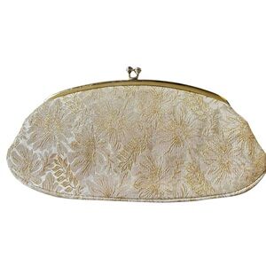 VTG Avon Kadin Gold Shimmer Floral Clutch Handbag Top Snap Satin Lining 10X5”